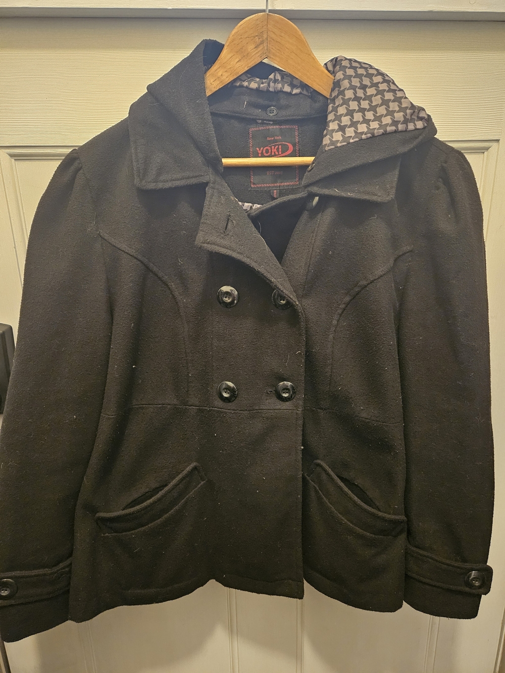 Yoki Black Double-Breasted Hooded Peacoat